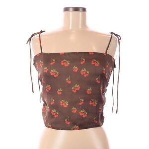 Urban Outfitters Size L Cherry Print Brown Sleeveless Cropped Tie blouse